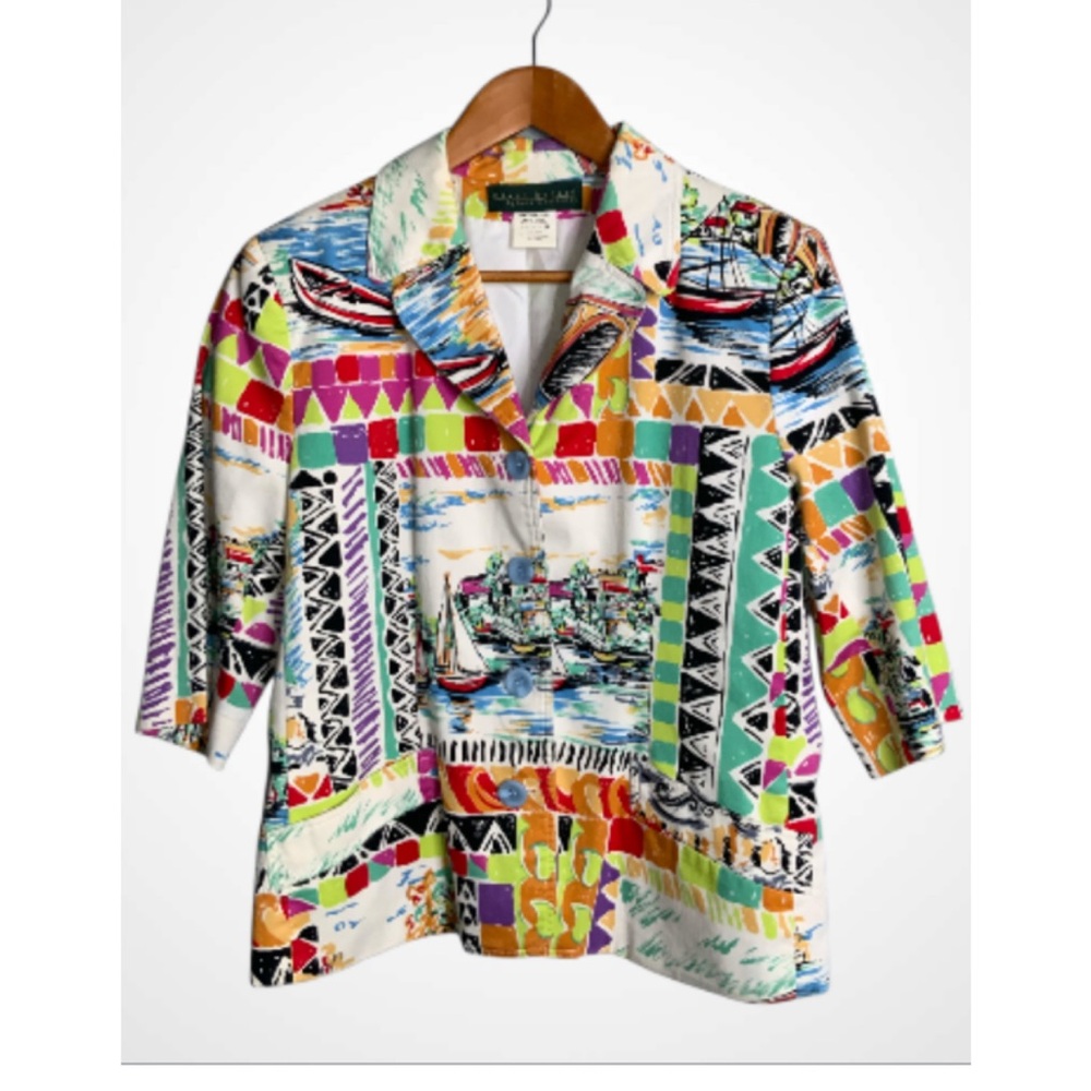 Harve Benard Vintage Multicolor Nautical Sailboats Patterned Blazer Size 14